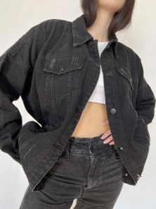 Черная джинсовка оверсайз с воротником фото